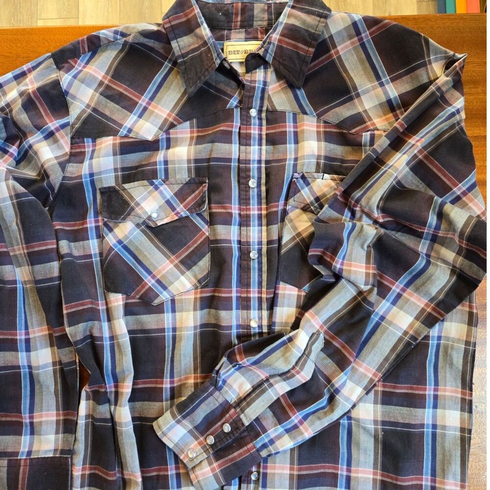 Western Yoke Pearl Snap Button Plaid Shirt Men's Size Large, Tall.